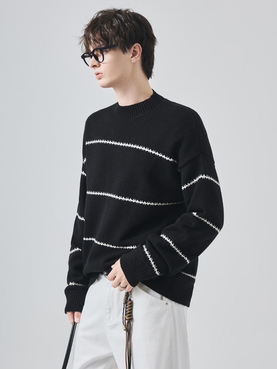 Unisex Loose Striped Crewneck Knit Sweater