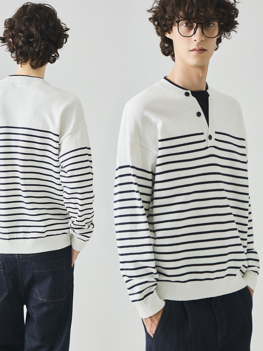 Men's Loose Striped Henley Knit Sweater
