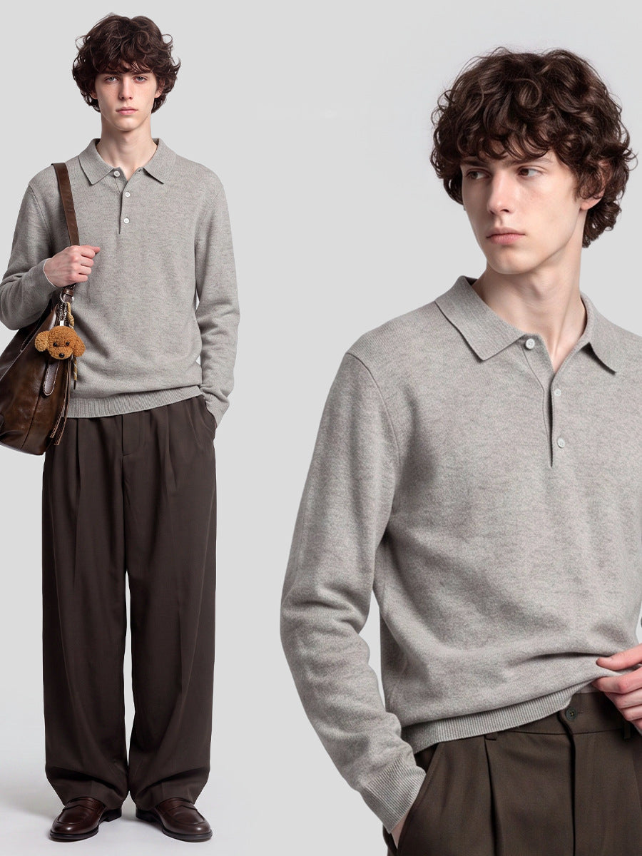 Men's Loose Polo Collar Long-Sleeve Knit Sweater