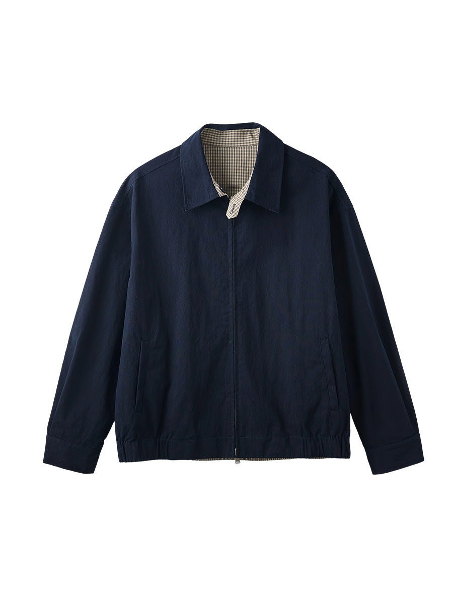 Men's Loose Reversible Zip-Up Jacket with Lapel Collar