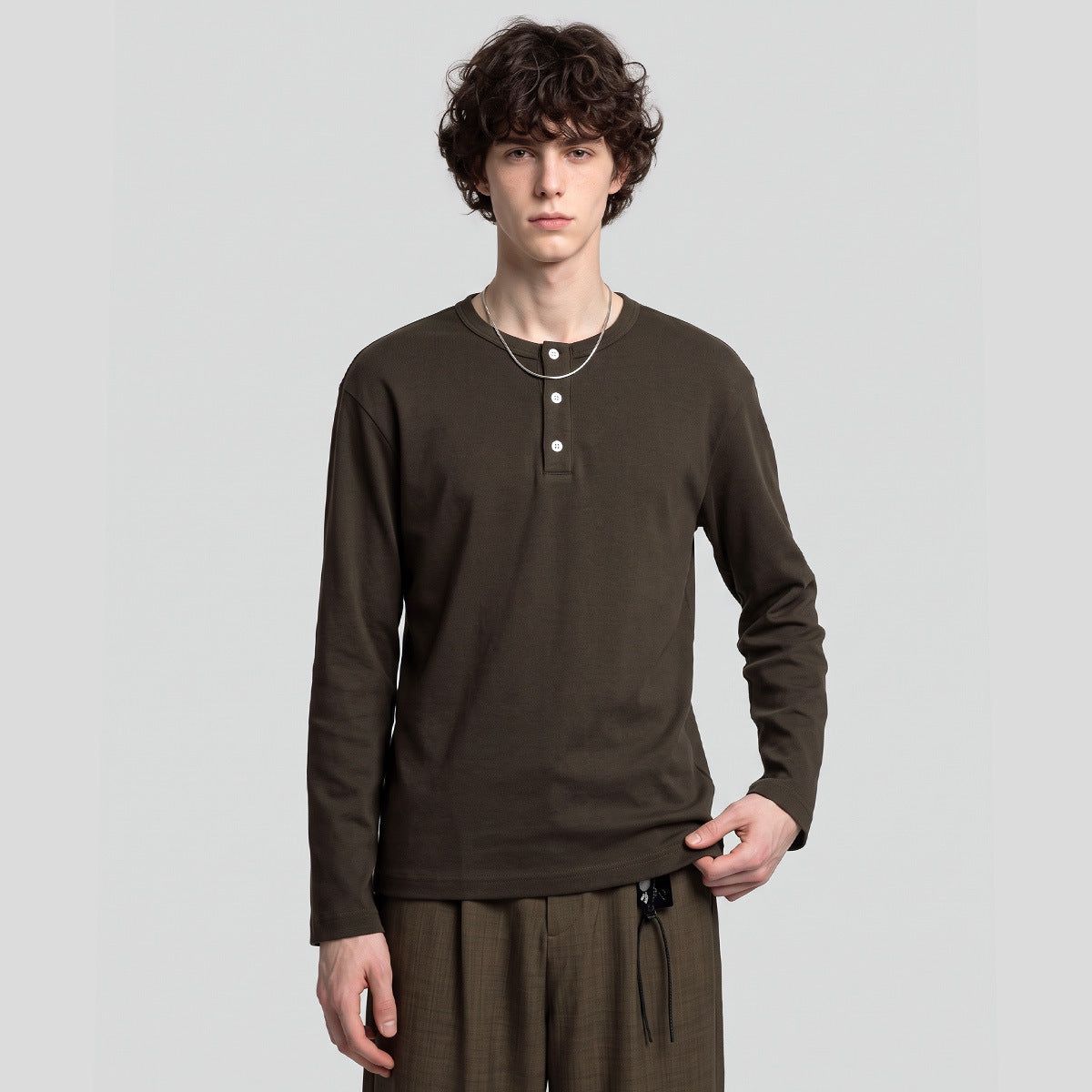 Men's Loose Henley Long-Sleeve T-Shirt, Button Placket Layering Top
