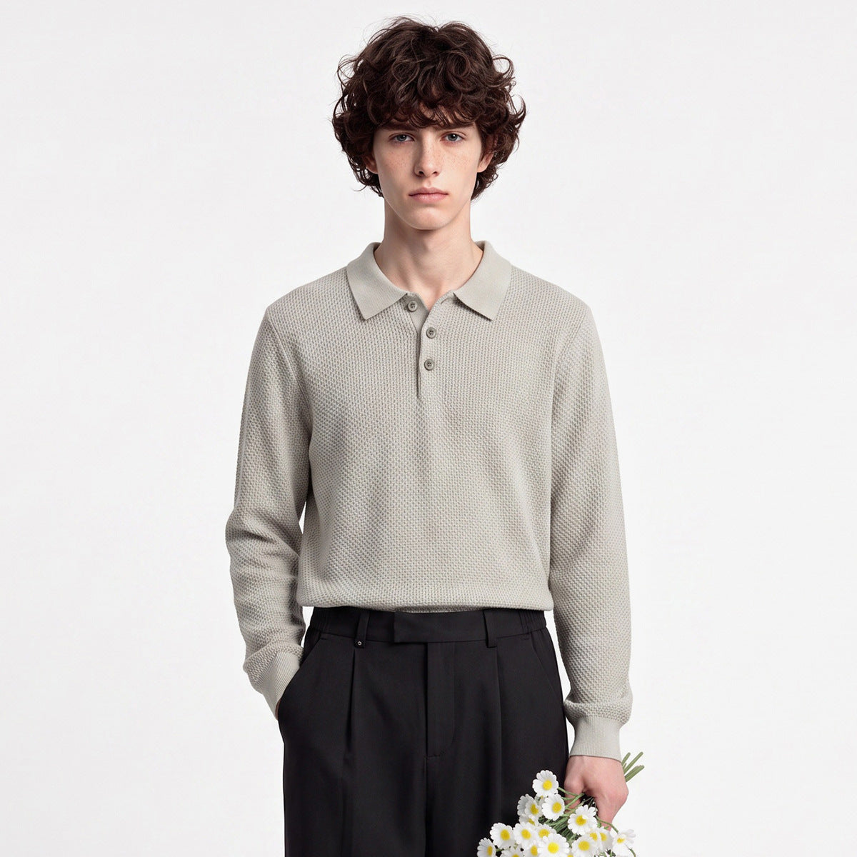 Men's Loose Long-Sleeve Knit Polo Sweater