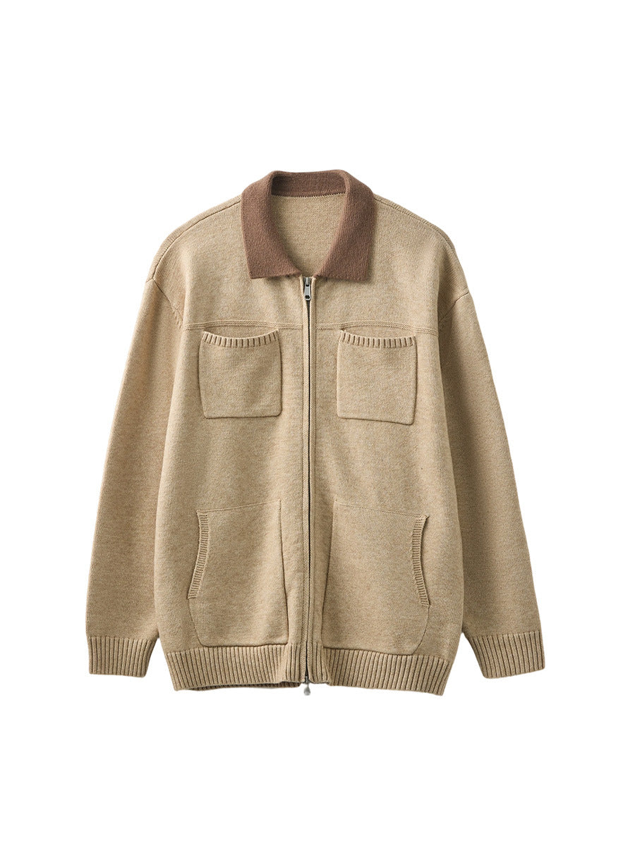 Men's Loose Lapel Knit Cardigan Jacket with Contrast Color