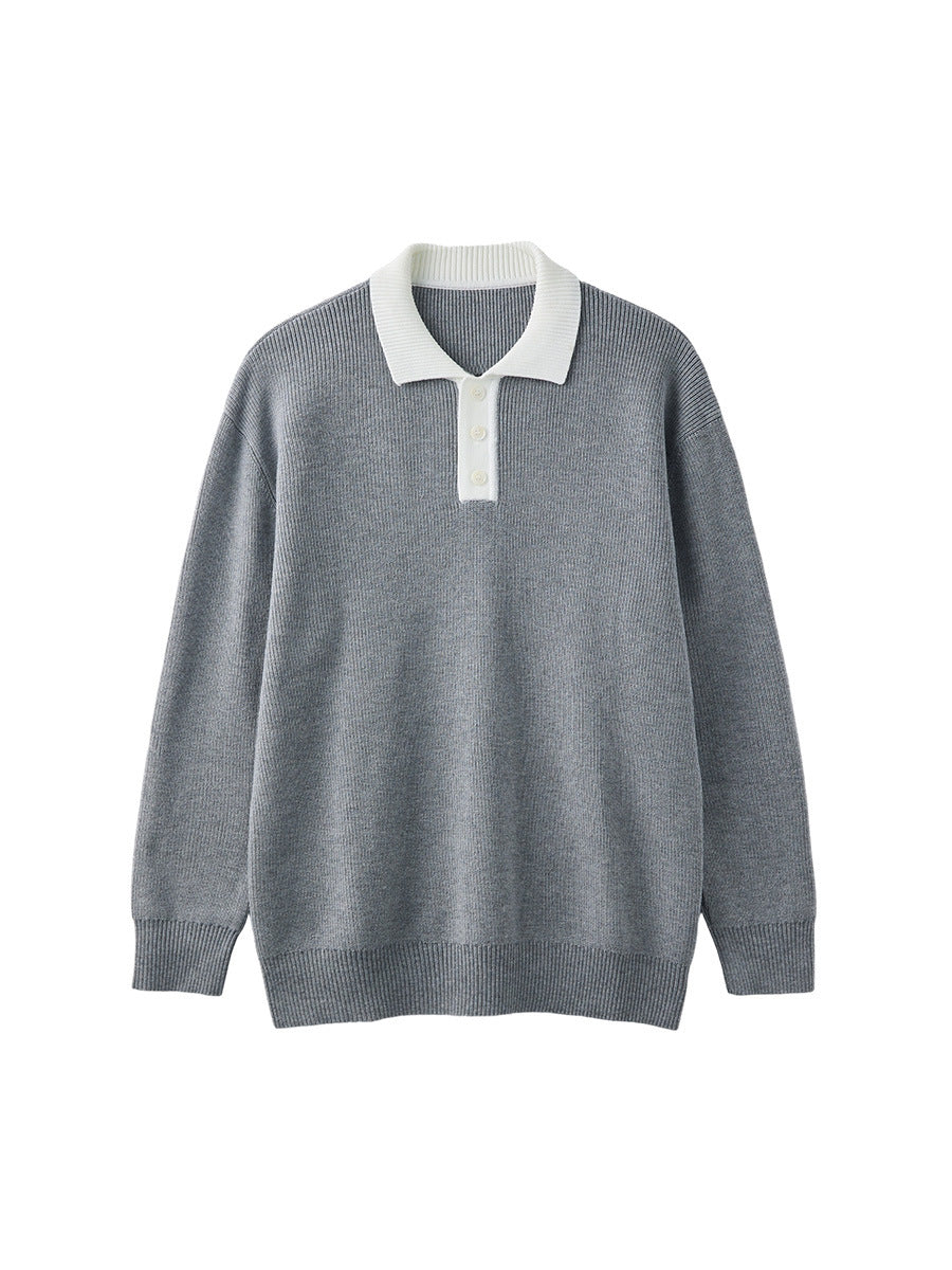 Men's Loose Contrast Collar Polo Knit Sweater