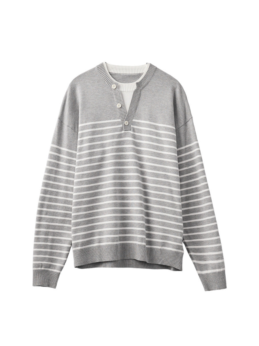 Men's Loose Striped Henley Knit Sweater