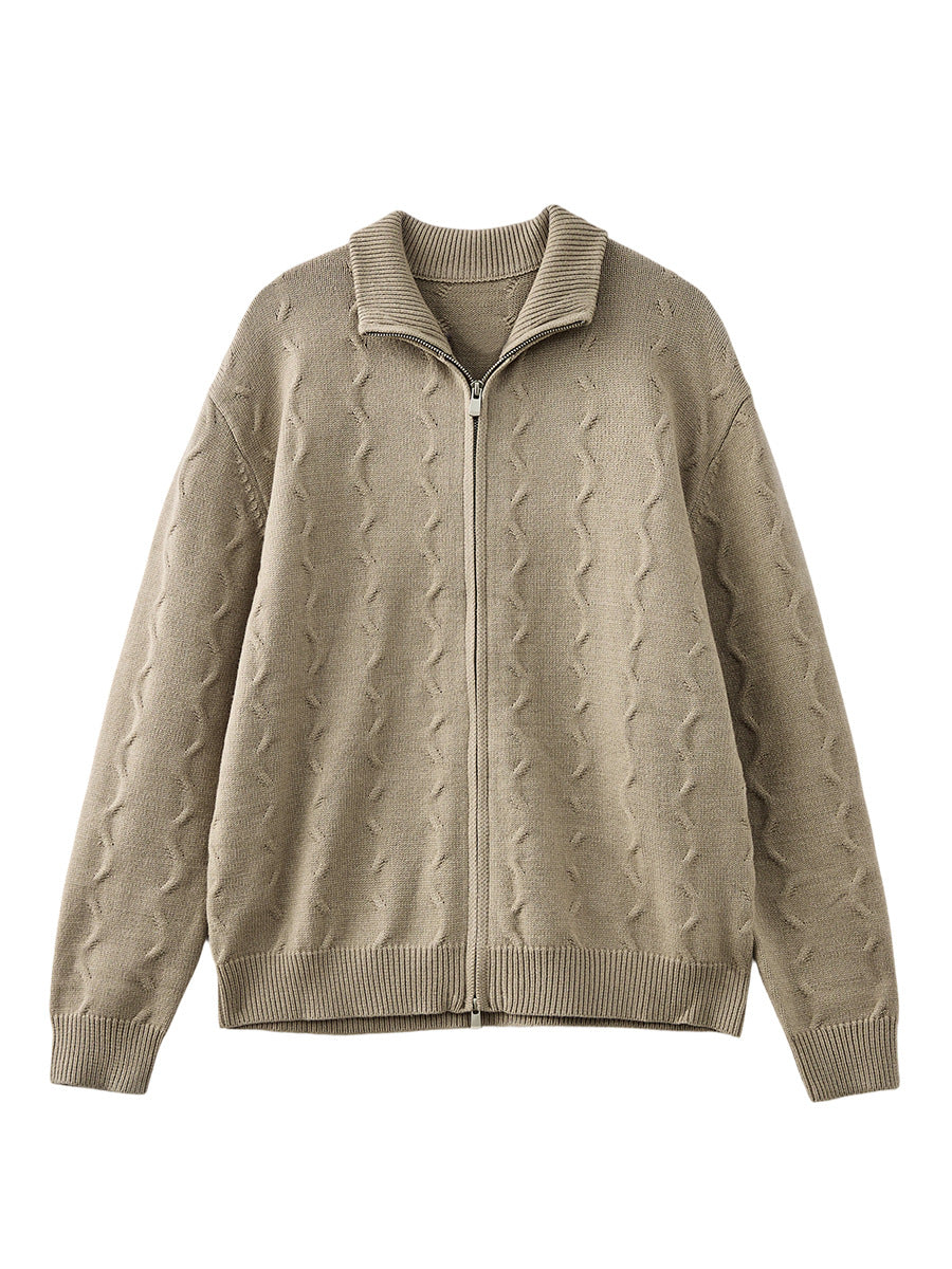 Men's Loose Half-High Collar Zip-Up Knit Cardigan