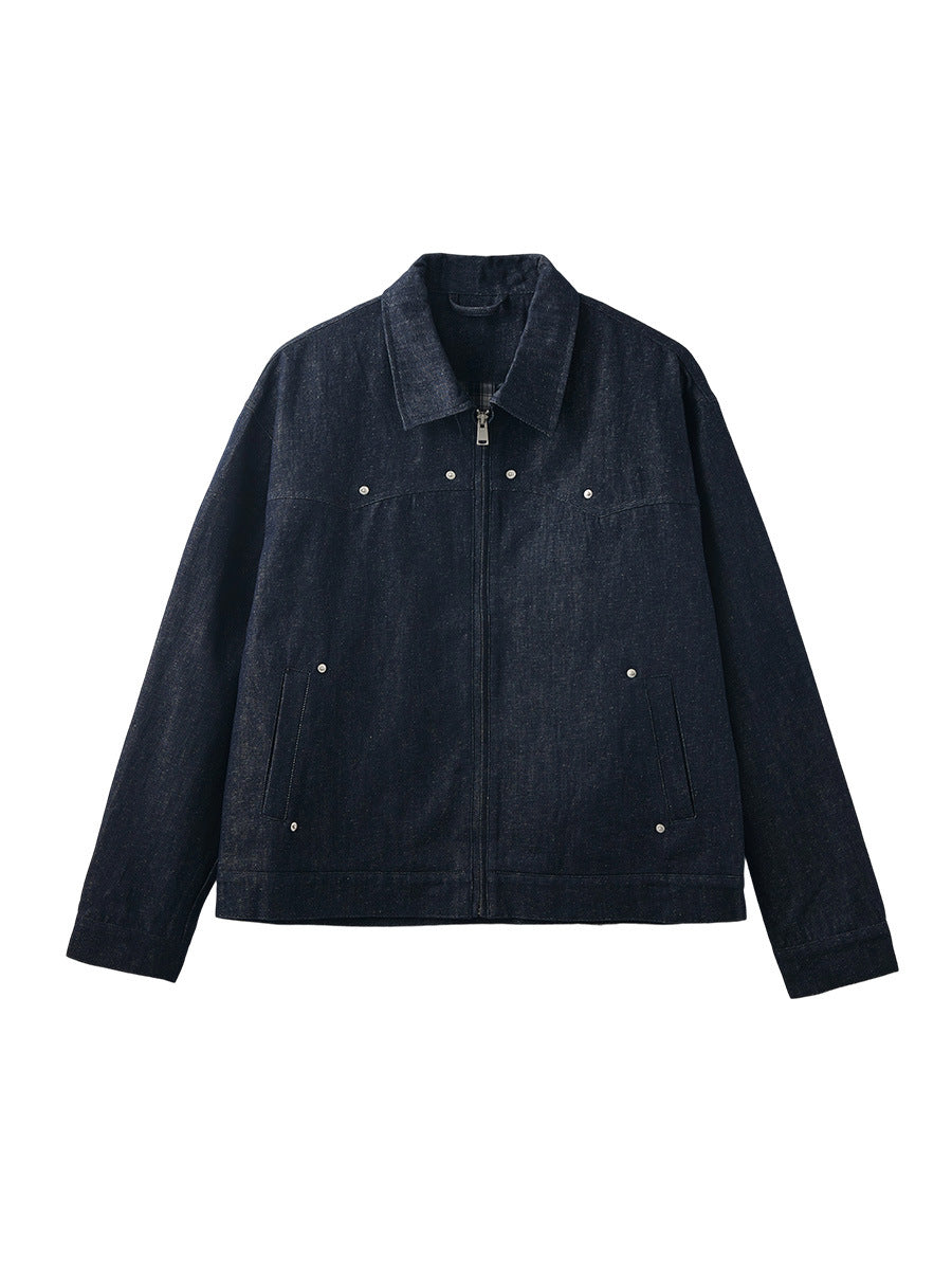 Men's Loose Studded Denim Jacket with Lapel Collar