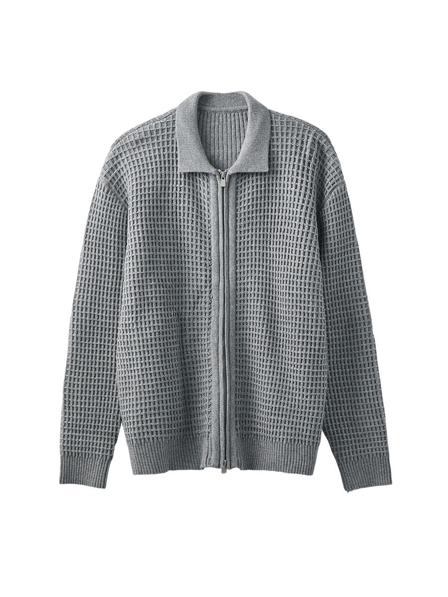 Men's Loose Zip-Up Waffle Knit Cardigan Jacket