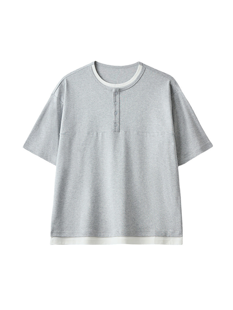 Men's Loose Layered-Look Henley T-Shirt, Short-Sleeve Faux Two-Piece Tee