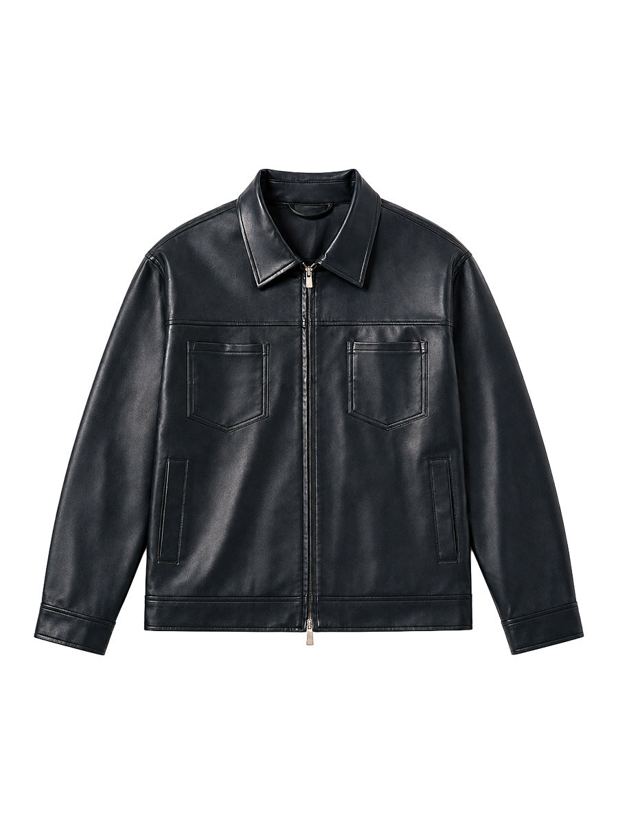 Men's Loose PU Leather Zip-Up Jacket with Collar