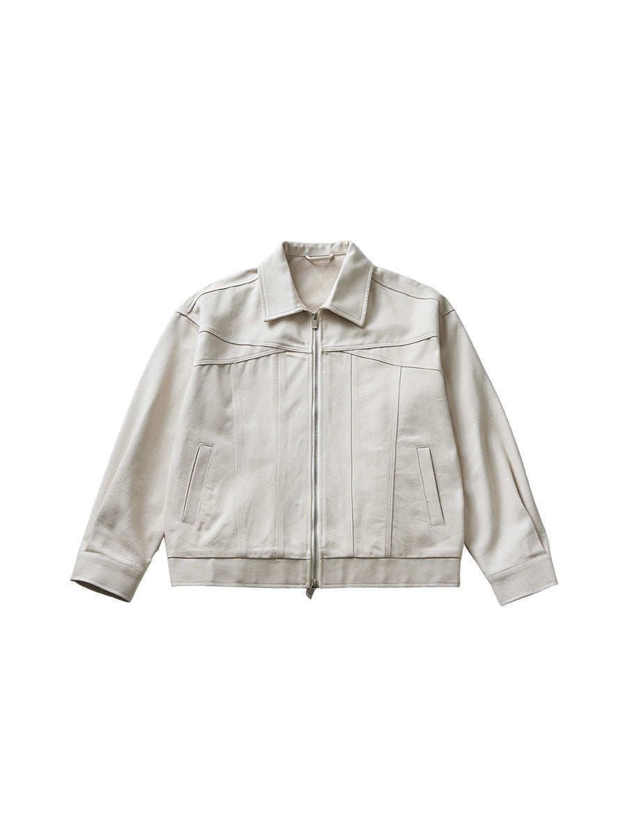 Men's Loose Washed Zip-Up Jacket with Lapel Collar