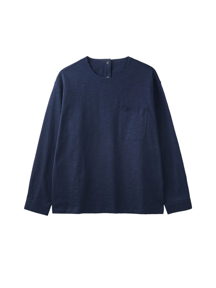 Men's Loose Long-Sleeve Cotton T-Shirt, Slub Cotton Pocket Tee