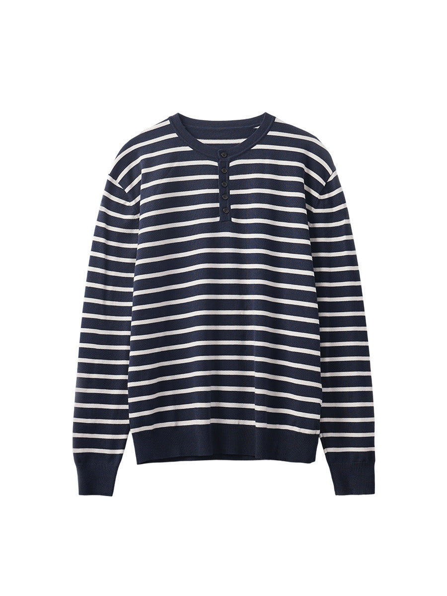 Men's Loose Henley Collar Striped Long-Sleeve Knit Sweater