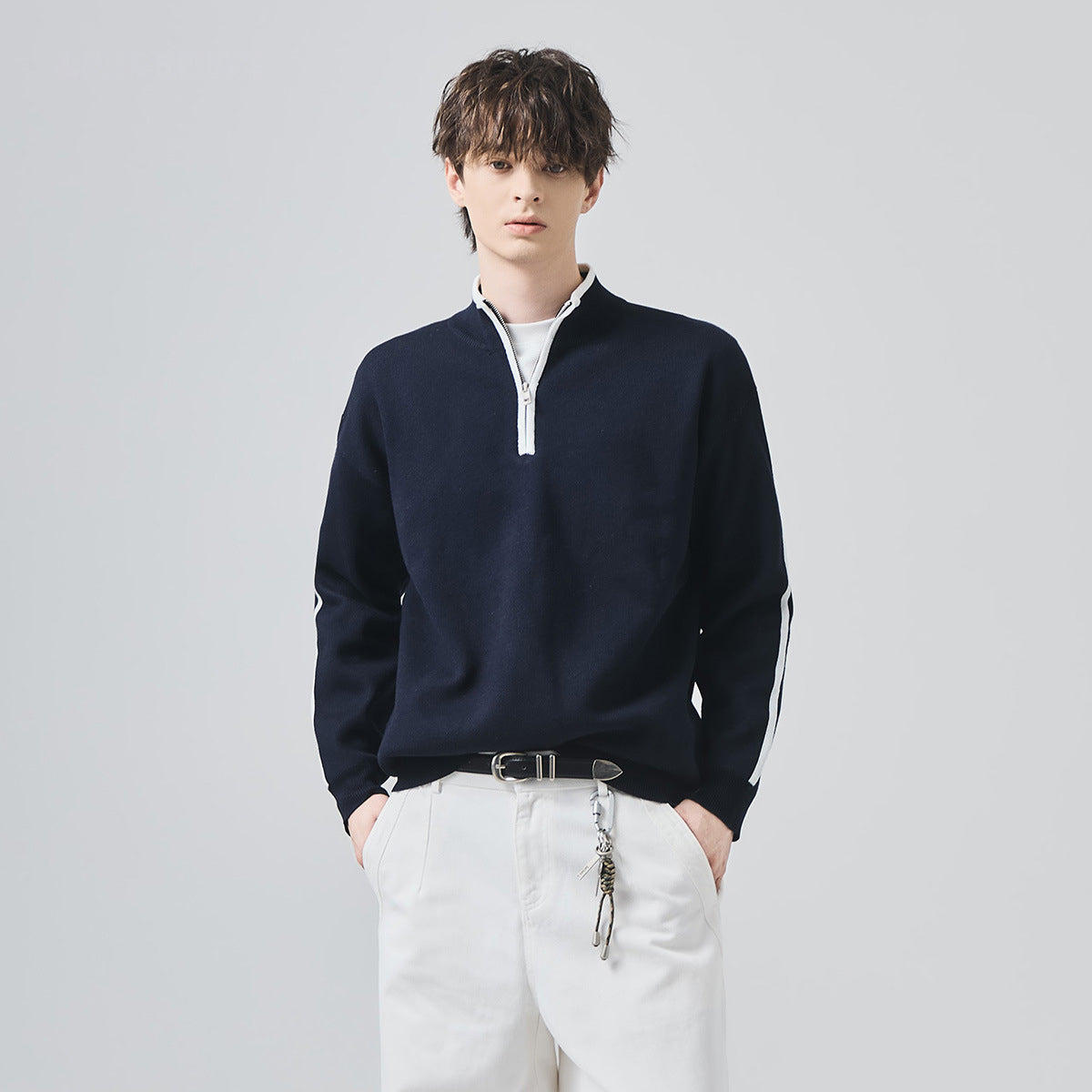 Men's Loose Half-Zip Contrast Stripe Knit Sweater