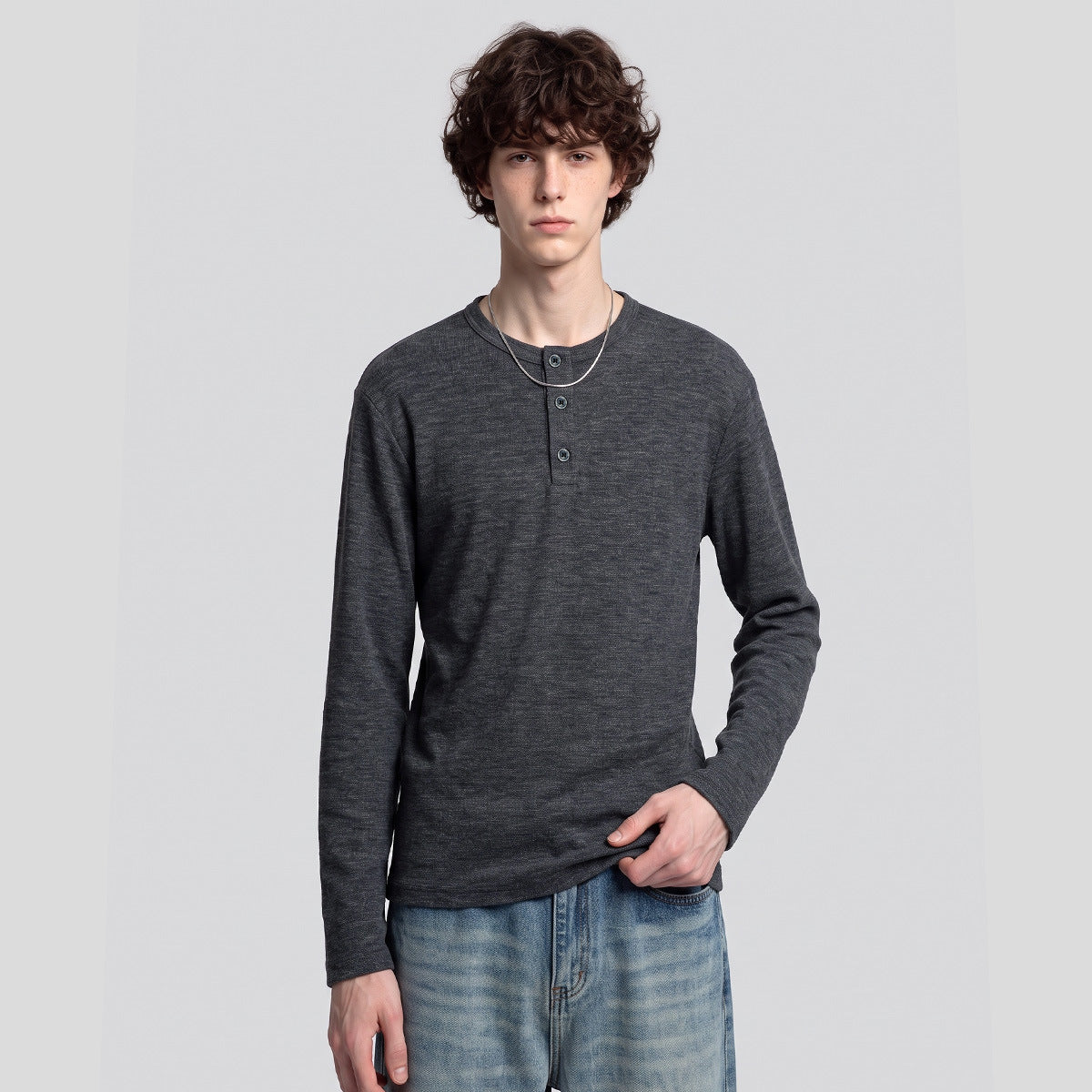 Men's Loose Henley Long-Sleeve T-Shirt, Button Placket Layering Top