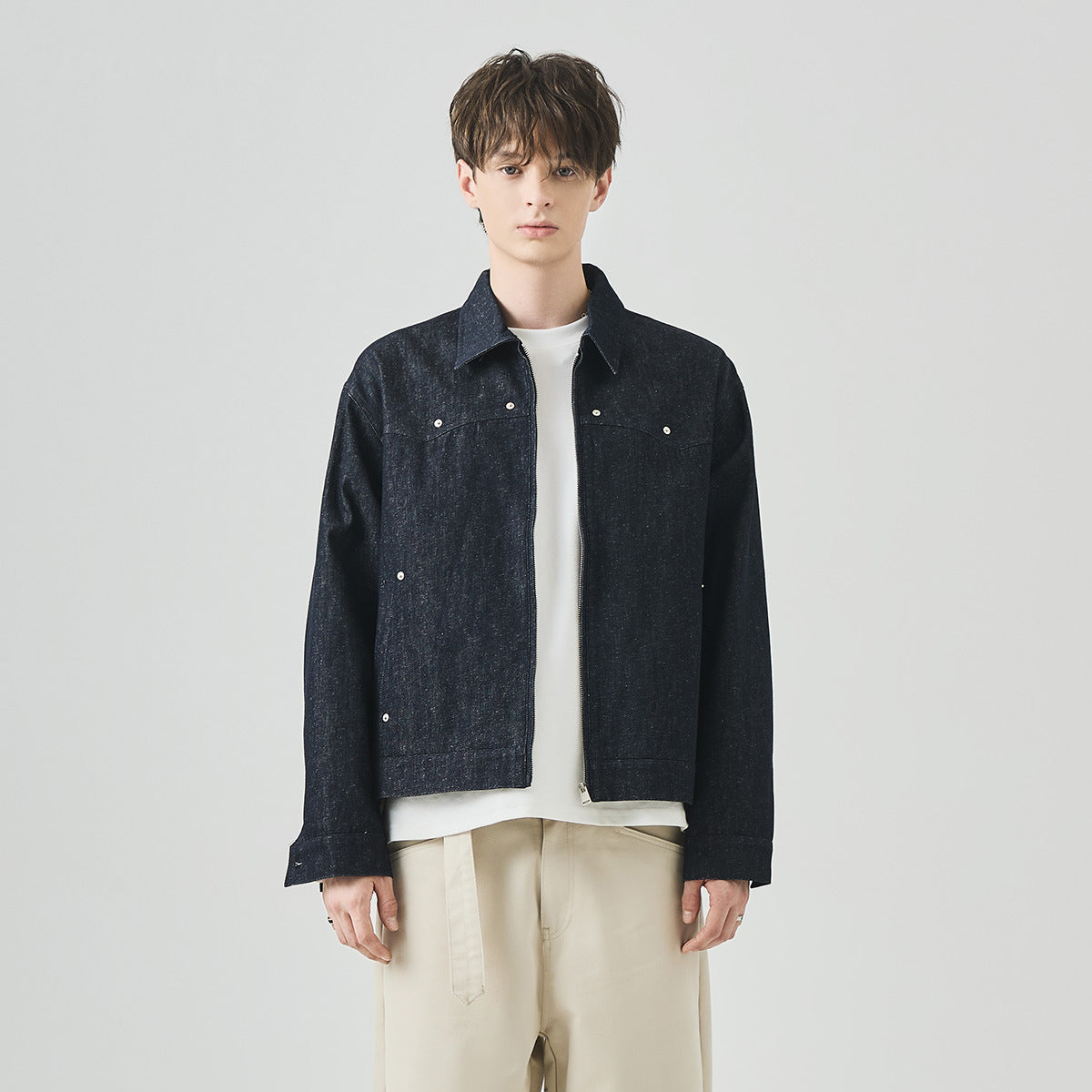 Men's Loose Studded Denim Jacket with Lapel Collar