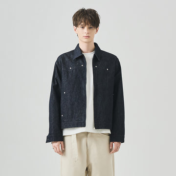 Men's Loose Studded Denim Jacket with Lapel Collar