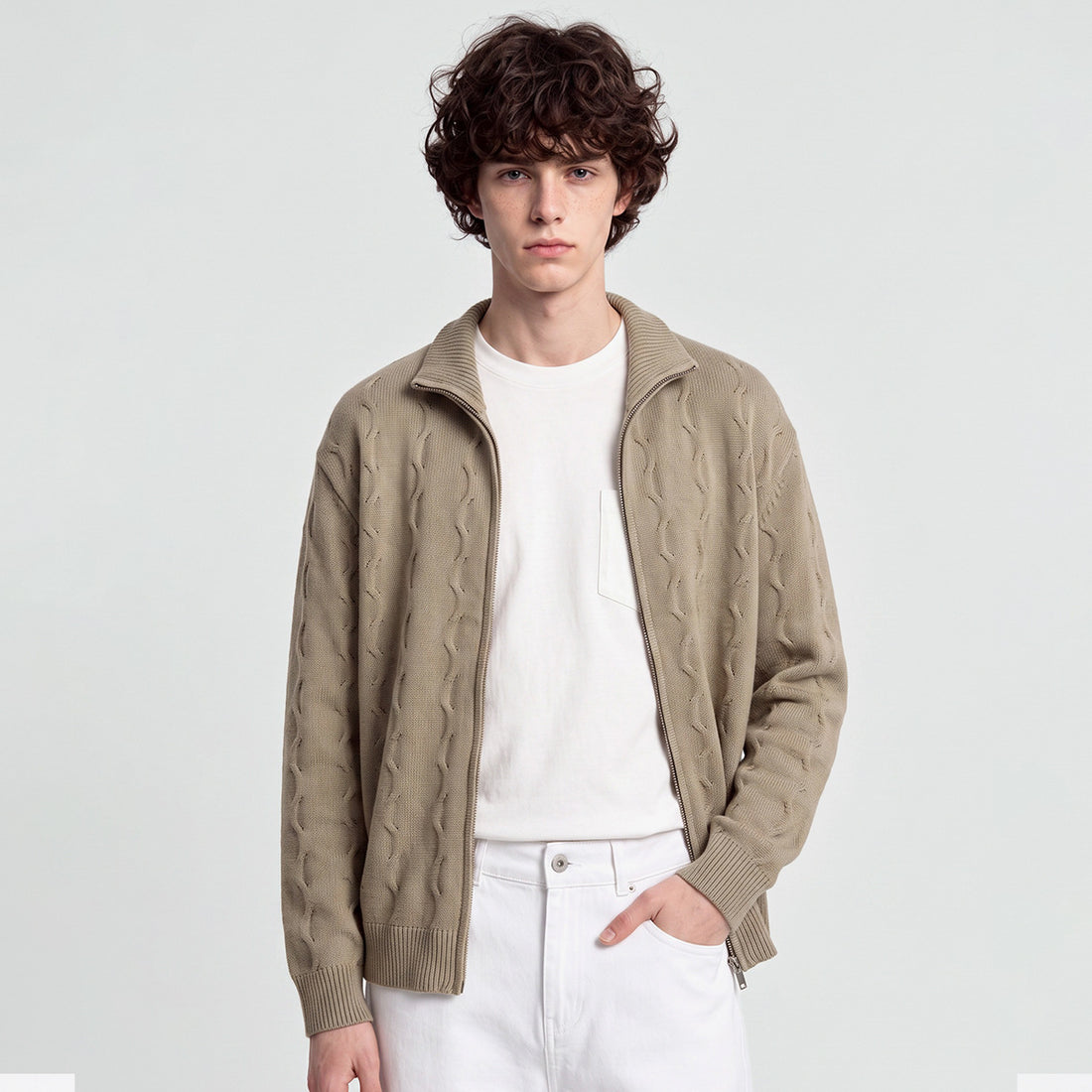 Men's Loose Half-High Collar Zip-Up Knit Cardigan
