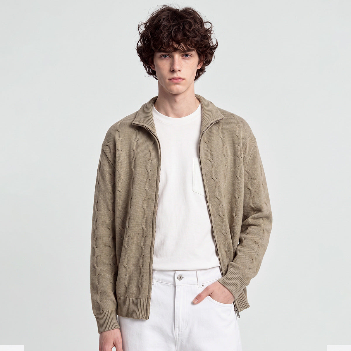 Men's Loose Half-High Collar Zip-Up Knit Cardigan