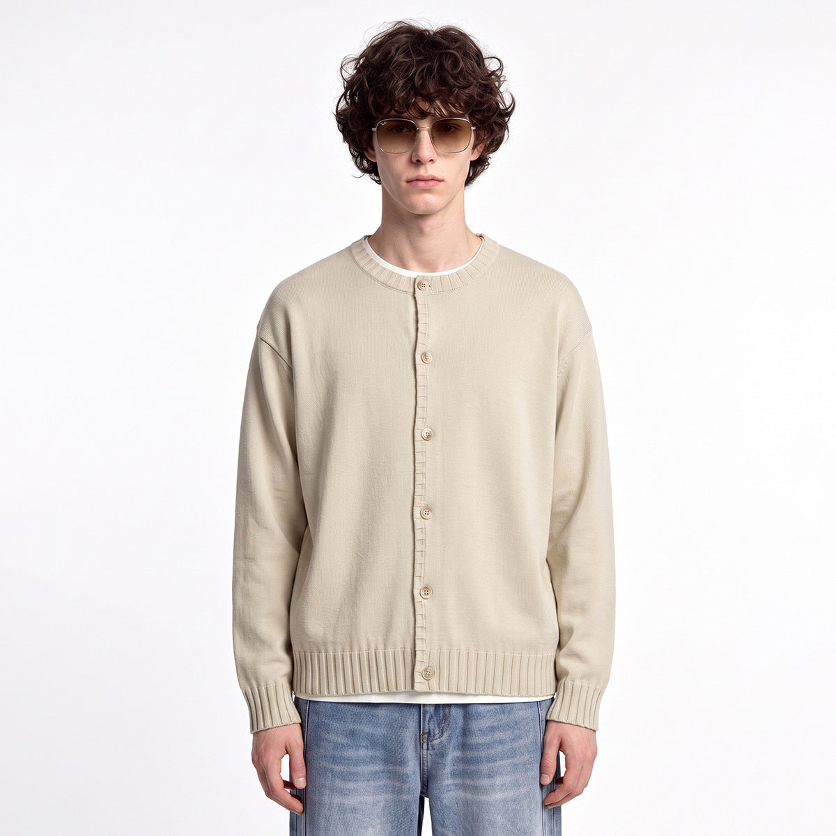 Men's Loose Round-Neck Button-Up Knit Cardigan