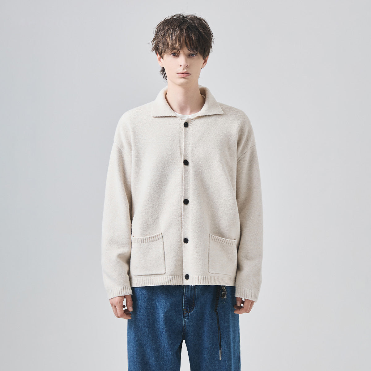 Unisex Loose Lapel Button-Up Knit Cardigan Jacket