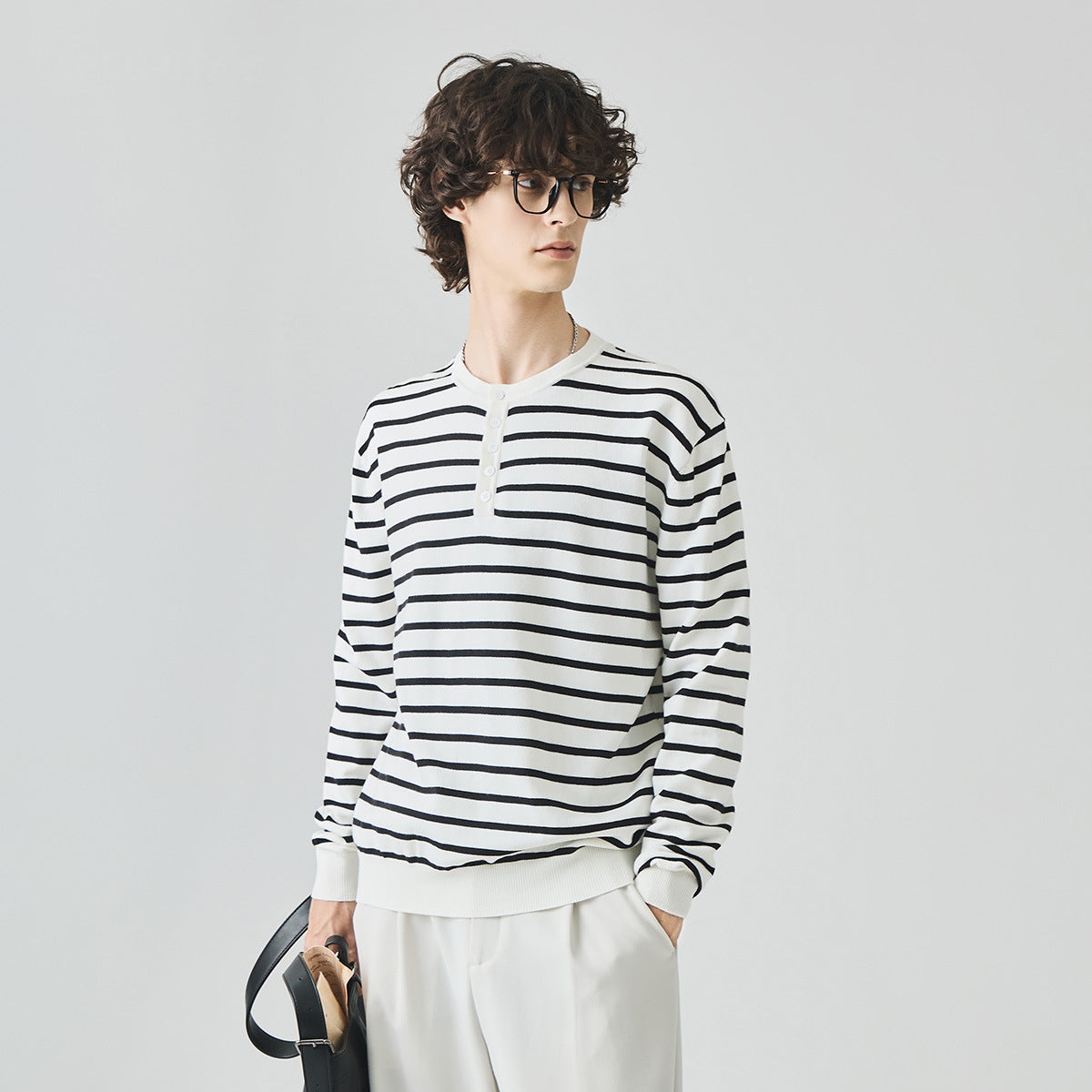 Men's Loose Henley Collar Striped Long-Sleeve Knit Sweater