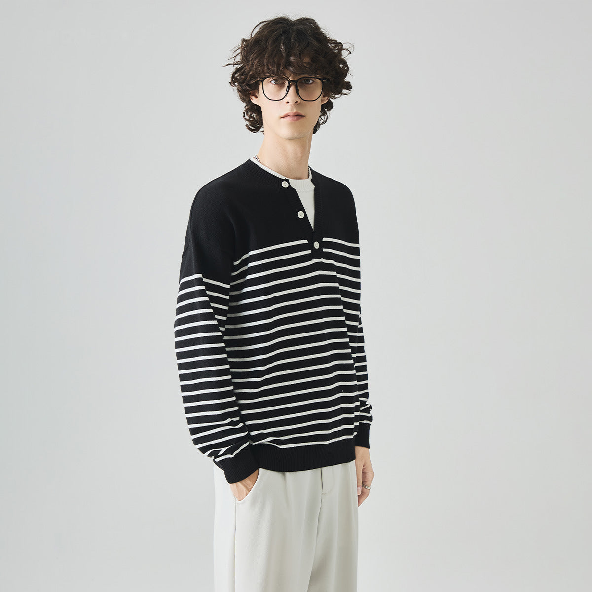 Men's Loose Striped Henley Knit Sweater