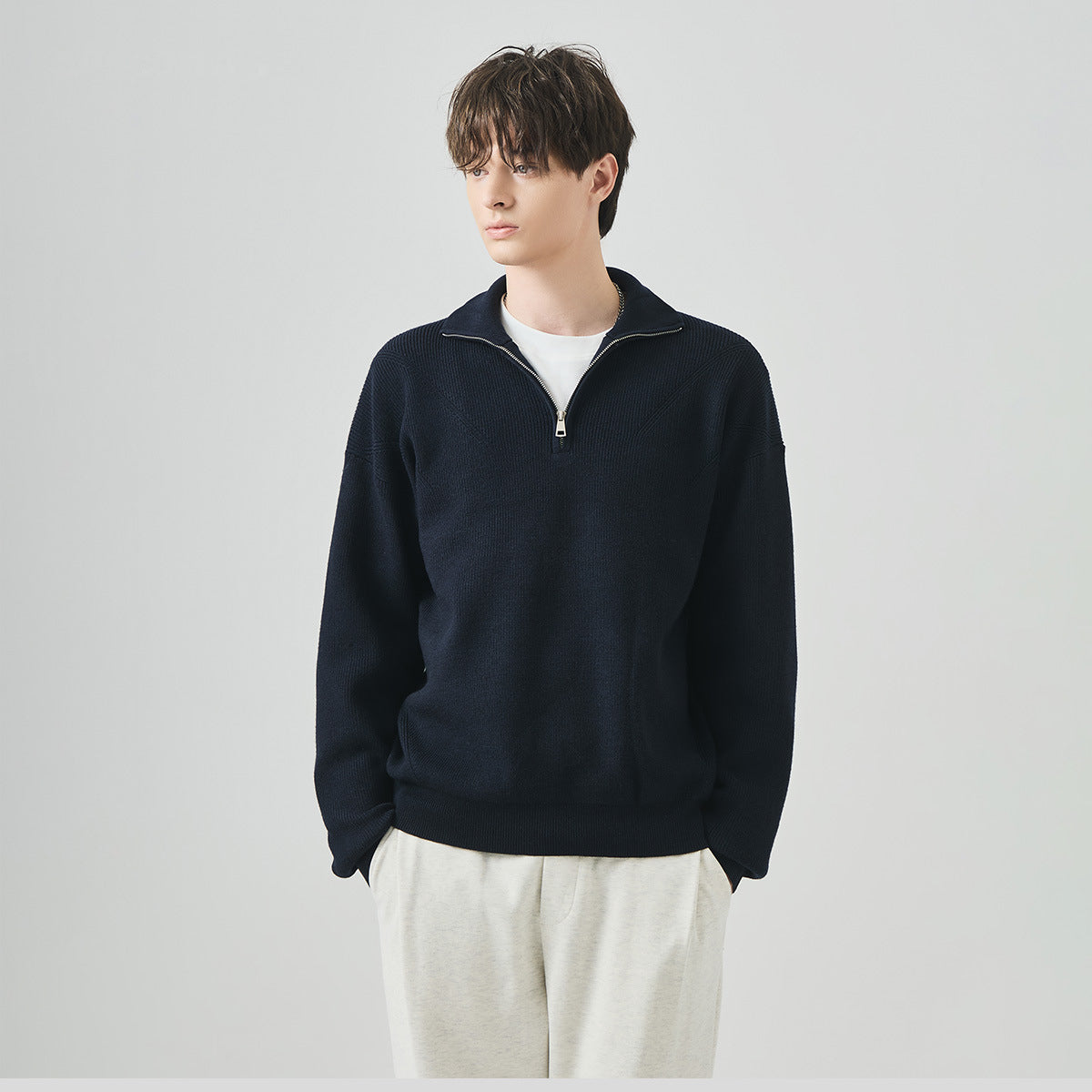 Men's Loose Half-Zip High Collar Knit Sweater