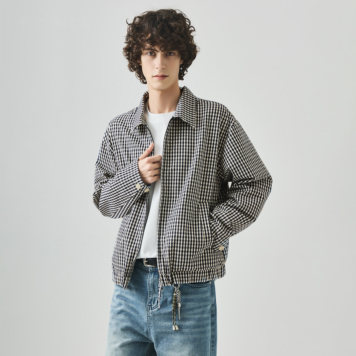 Men's Loose Plaid Zip-Up Casual Jacket