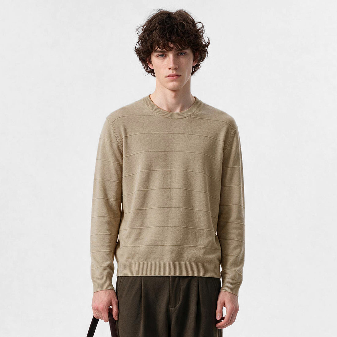 Men's Loose Round-Neck Textured Stripe Knit Sweater