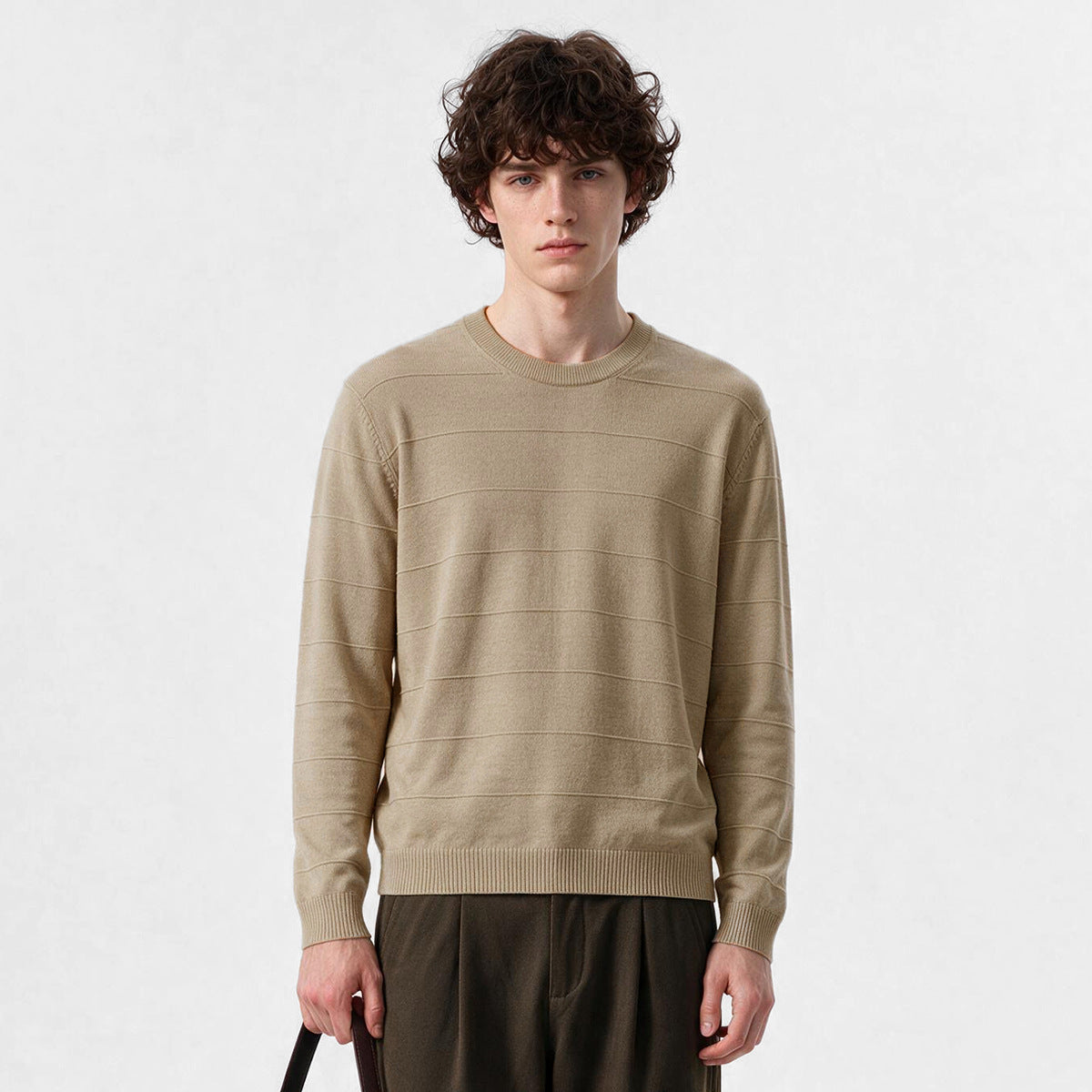 Men's Loose Round-Neck Textured Stripe Knit Sweater