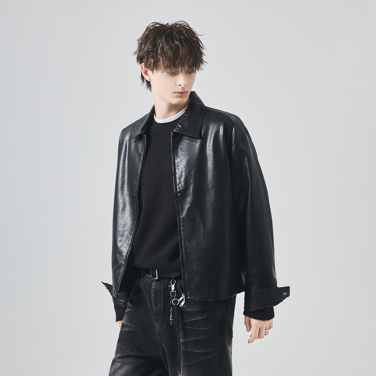 Men's Loose PU Leather Zip-Up Jacket