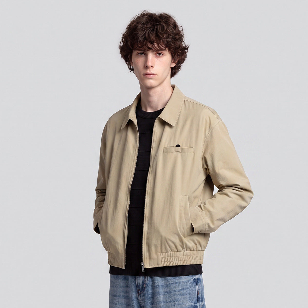 Men's Loose Zip-Up Casual Jacket, Collared Workwear Style