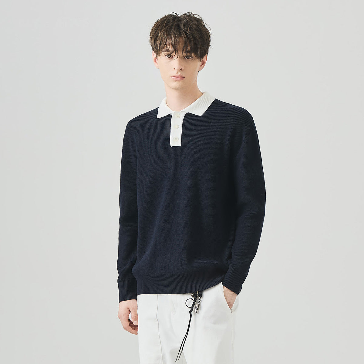 Men's Loose Contrast Collar Polo Knit Sweater