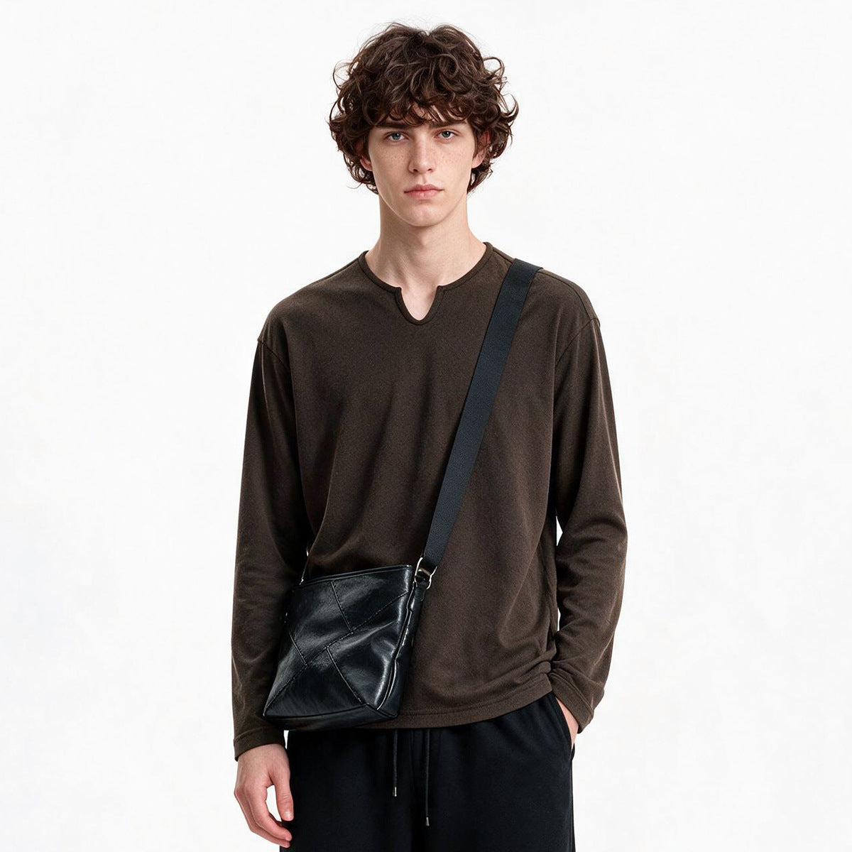 Men's Loose V-Neck Long-Sleeve T-Shirt, Cotton Blend Pullover