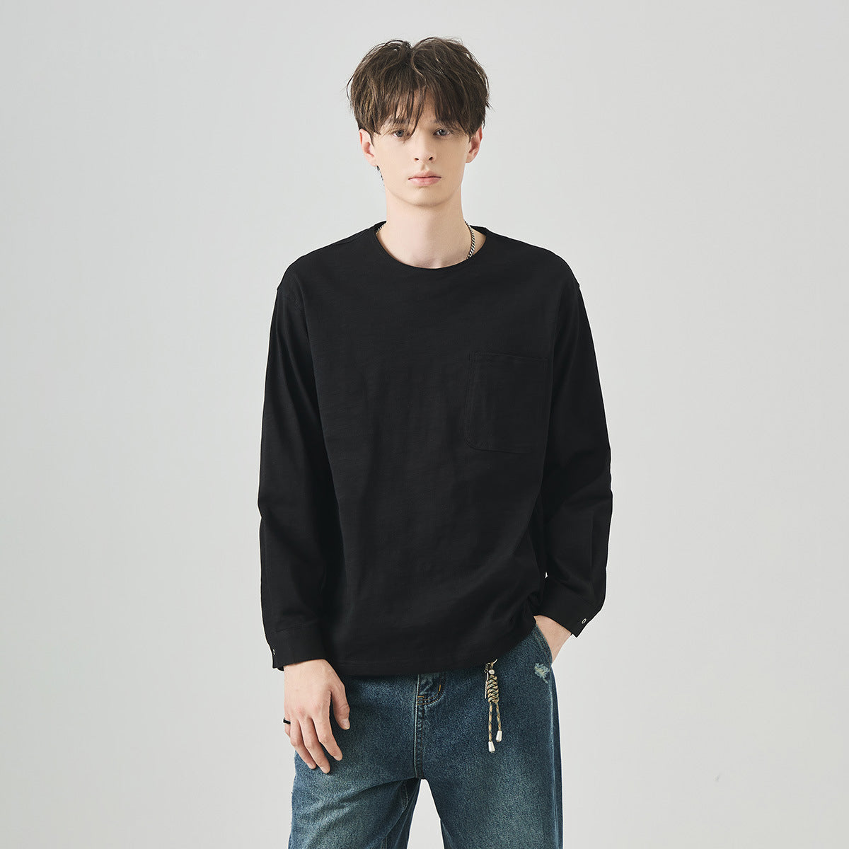 Men's Loose Long-Sleeve Cotton T-Shirt, Slub Cotton Pocket Tee