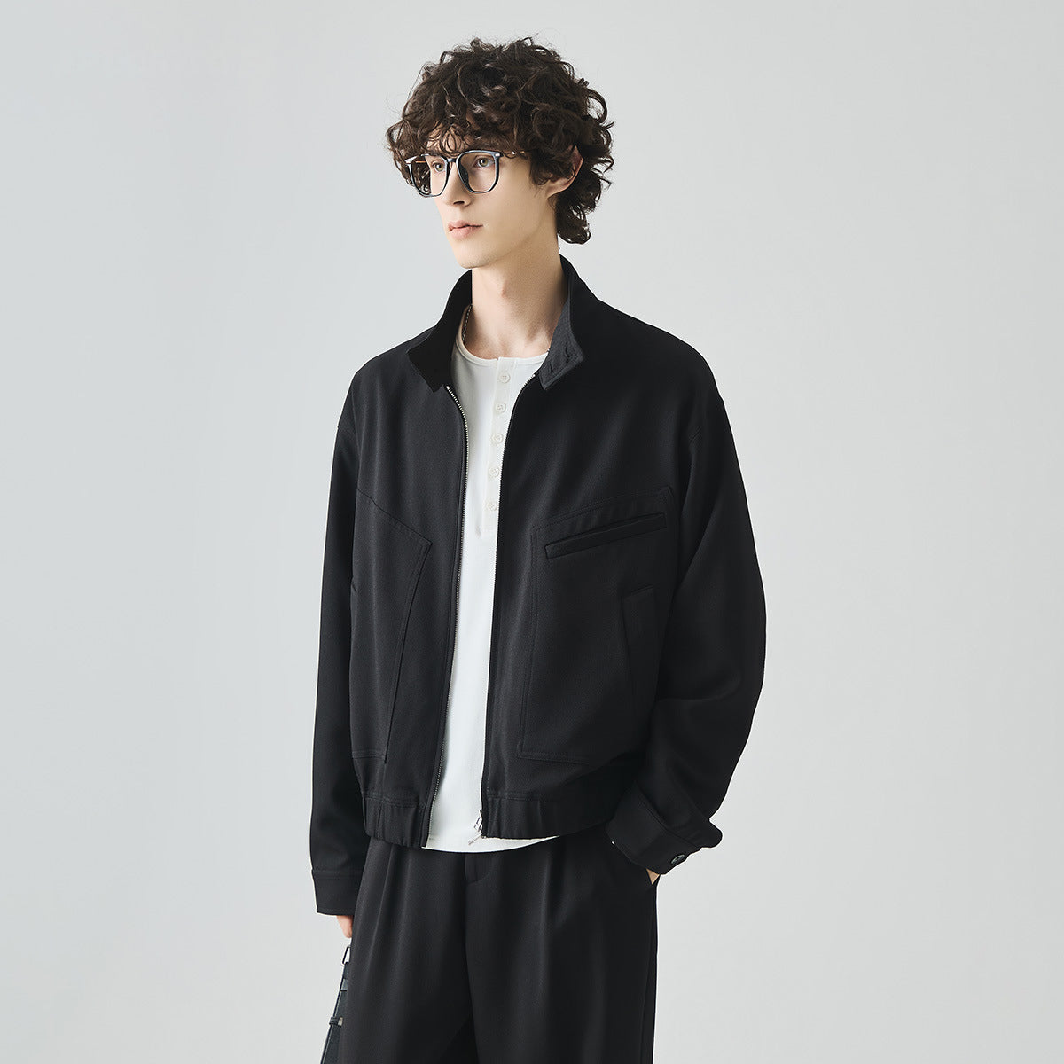 Men's Loose Stand Collar Zip-Up Jacket, High Street Style