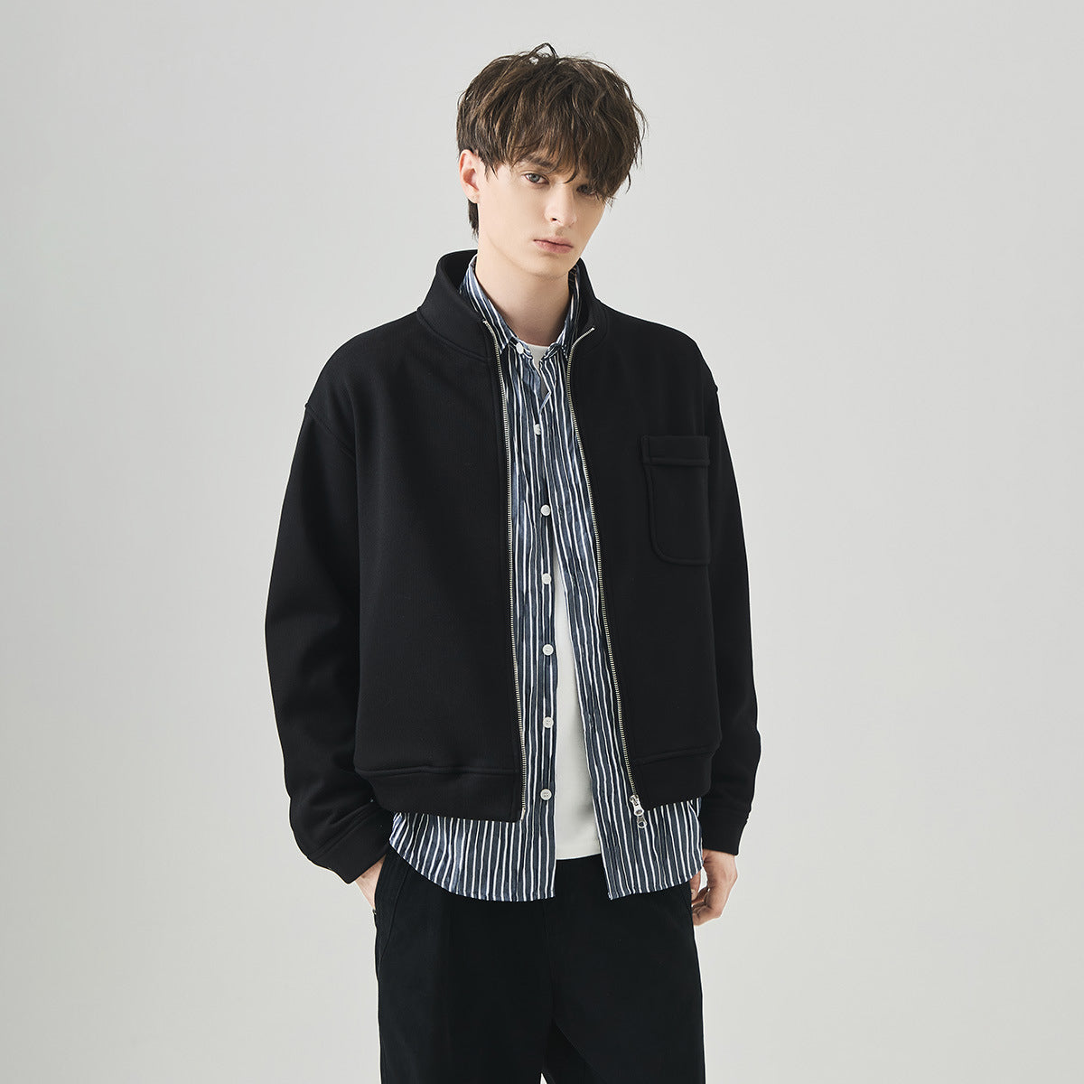 Men's Loose Fleece-Lined Stand-Collar Zip-Up Jacket