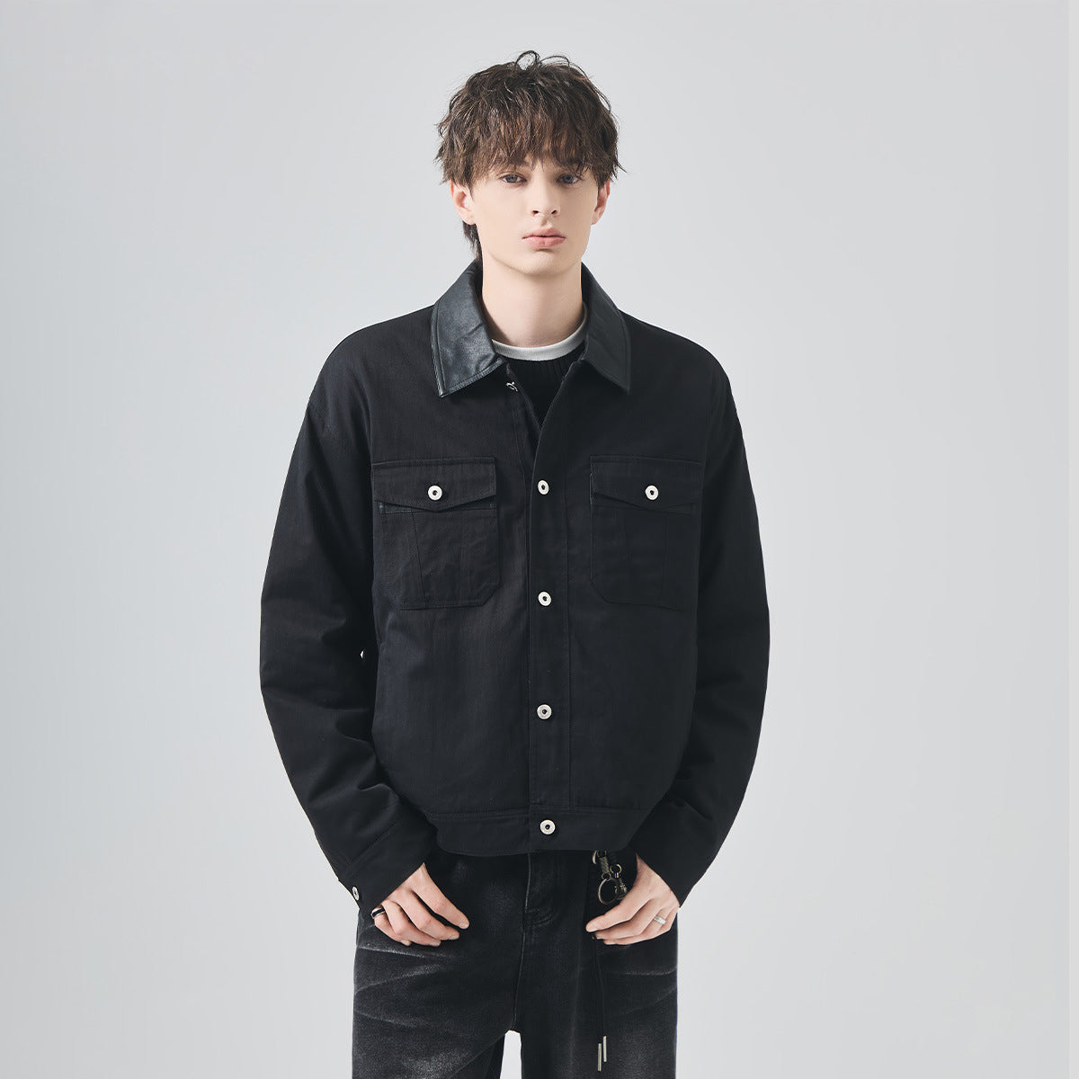 Men's Loose Thickened Contrast-Collar Button-Up Jacket