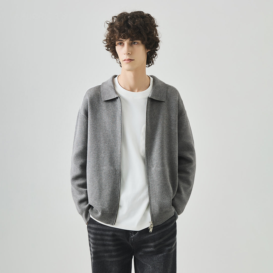 Men's Loose Zip-Up Contrast Stripe Knit Cardigan Jacket