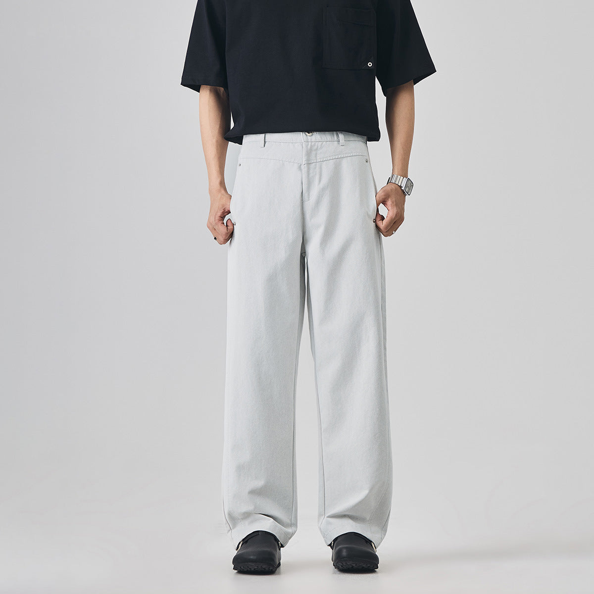 Men's Loose Casual Long Pants, Thin Summer Style with Metal Details