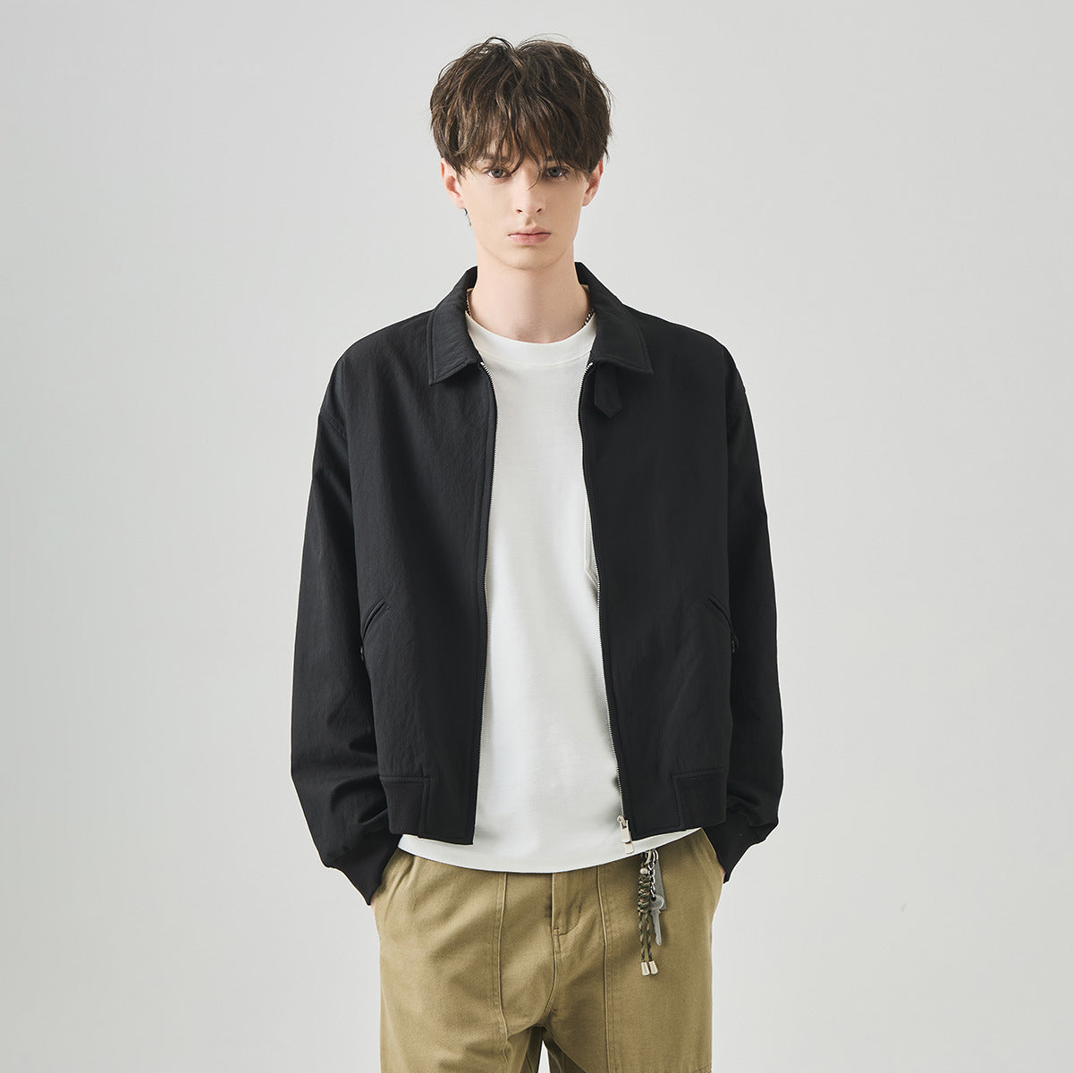 Men's Loose Zip-Up Casual Jacket with Ribbed Hem