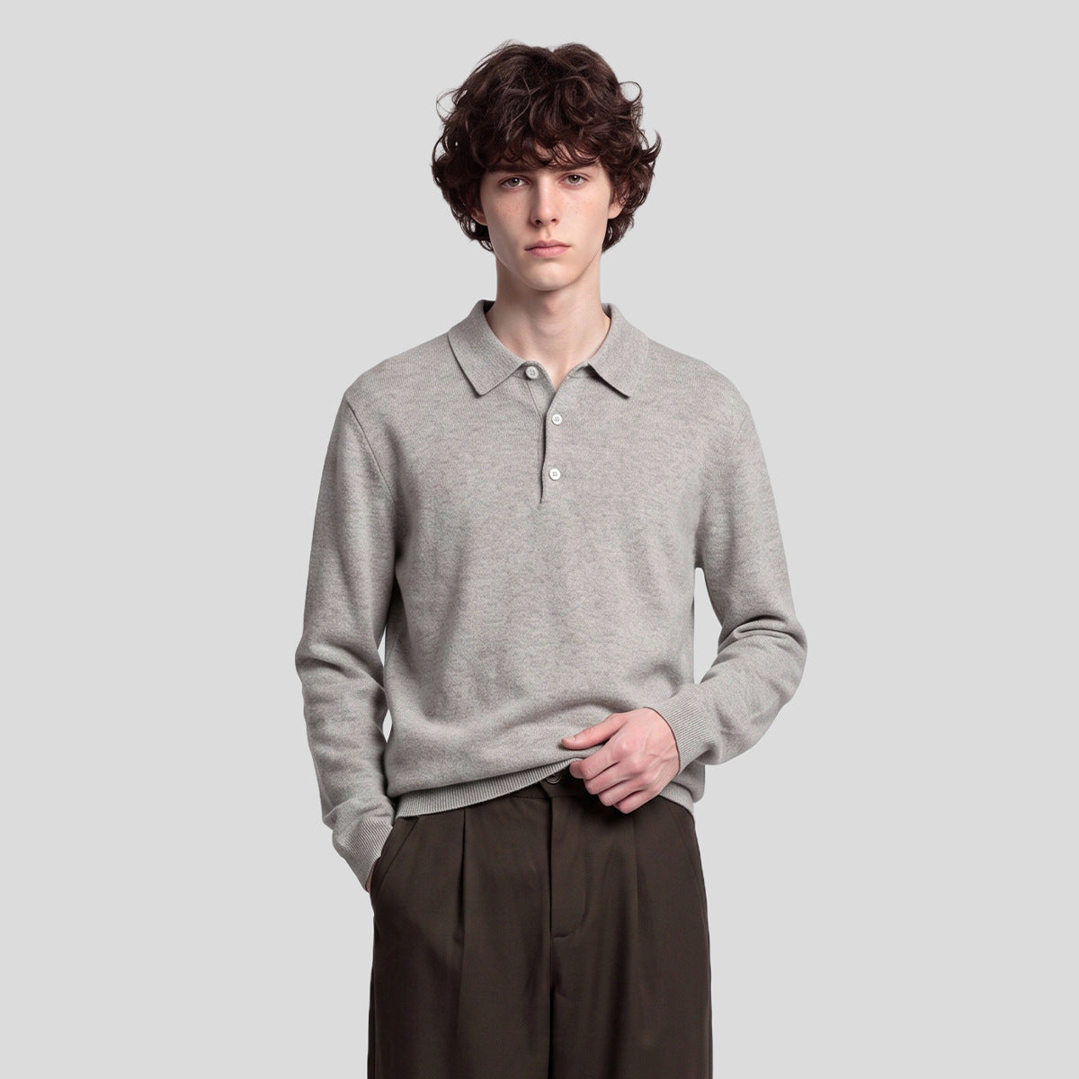 Men's Loose Polo Collar Long-Sleeve Knit Sweater