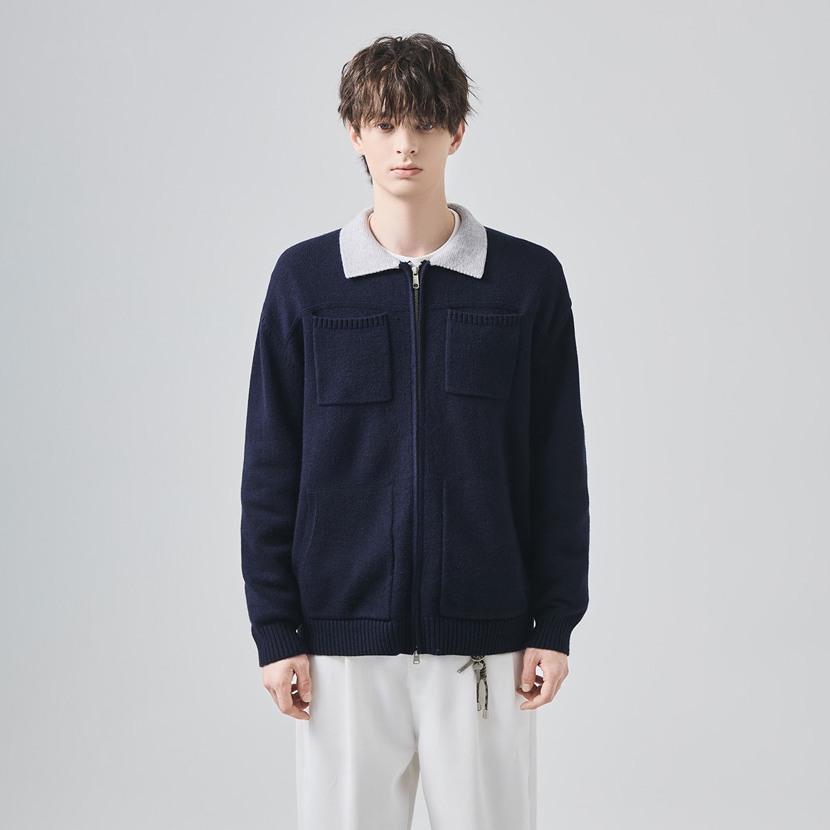 Men's Loose Lapel Knit Cardigan Jacket with Contrast Color