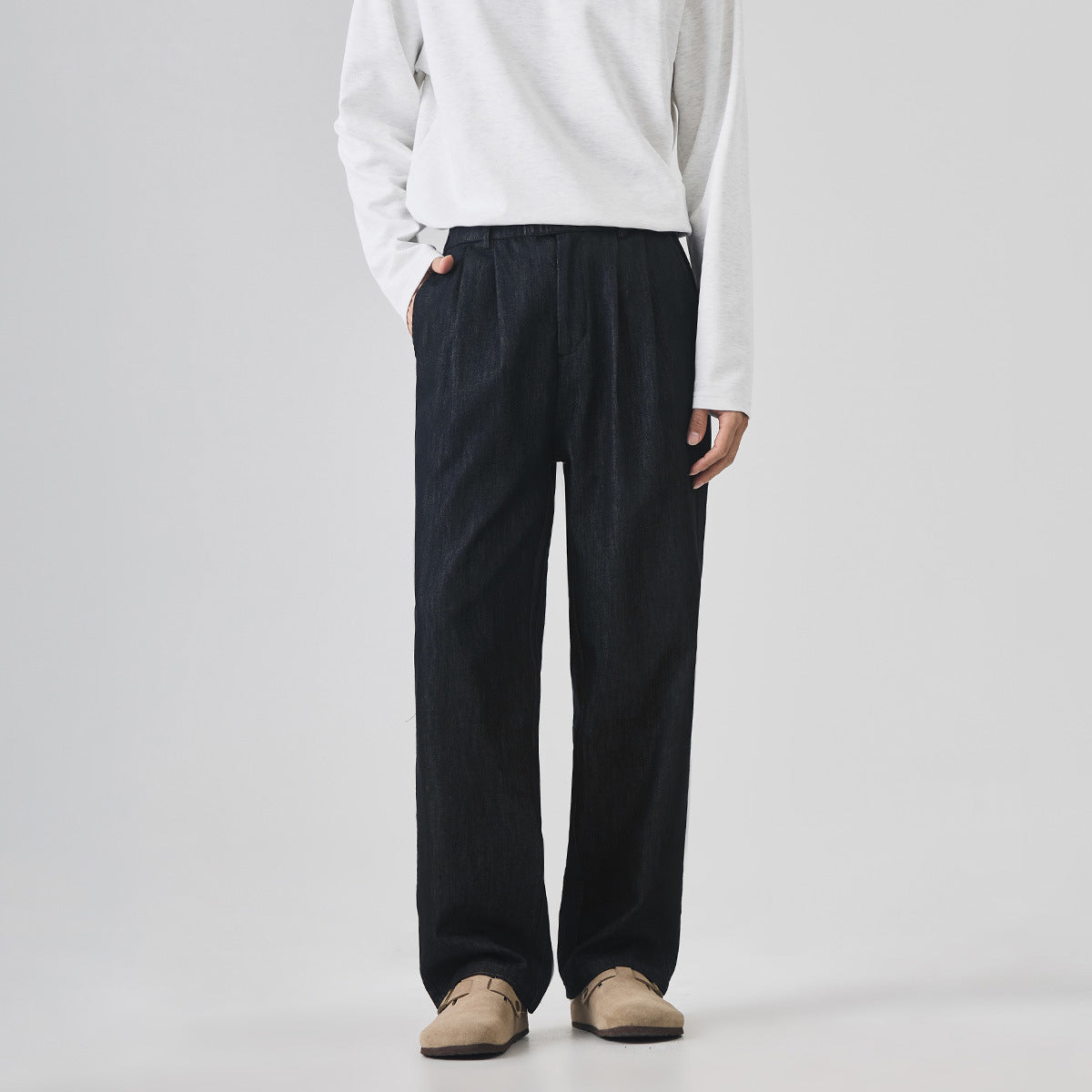 Men's Pleated Straight-Leg Denim Trousers