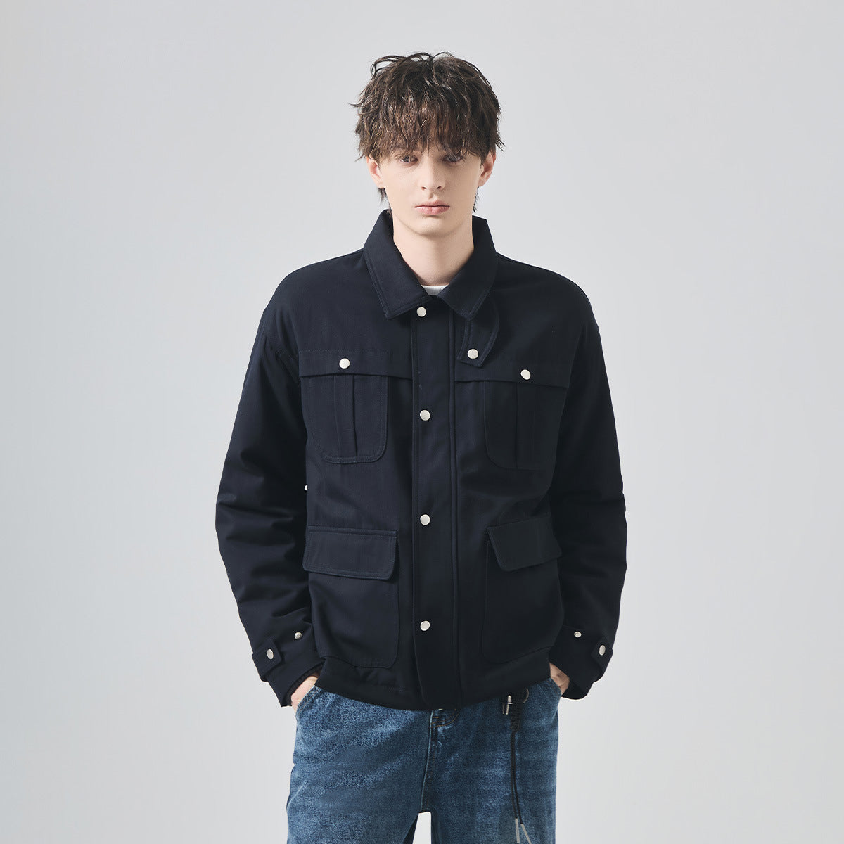 Men's Loose Thickened Quilted Work Jacket with Lapel Collar