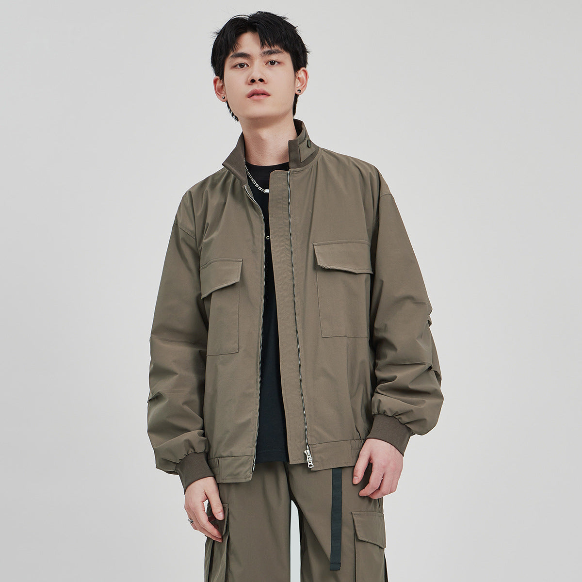 Men's Loose Stand-Collar Zip-Up Workwear Jacket