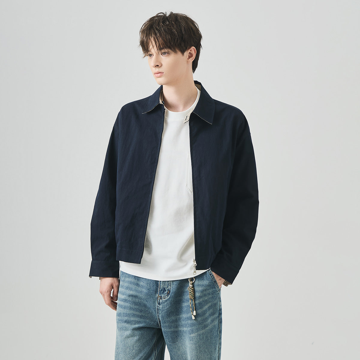 Men's Loose Reversible Zip-Up Jacket with Lapel Collar