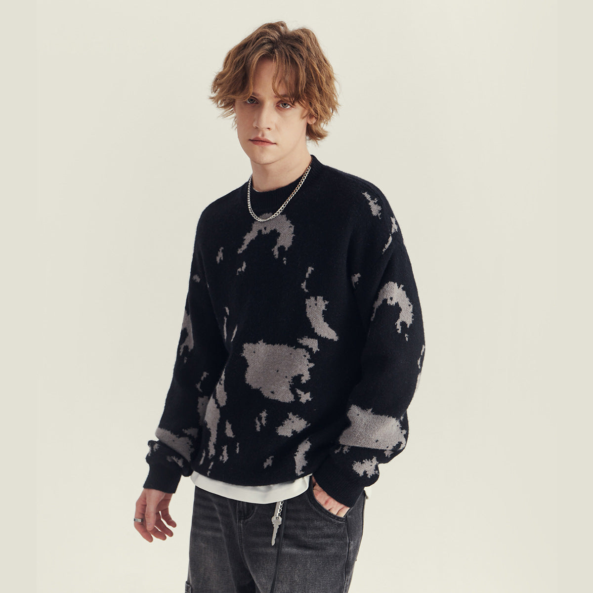 Men's Loose Crewneck Jacquard Knit Sweater