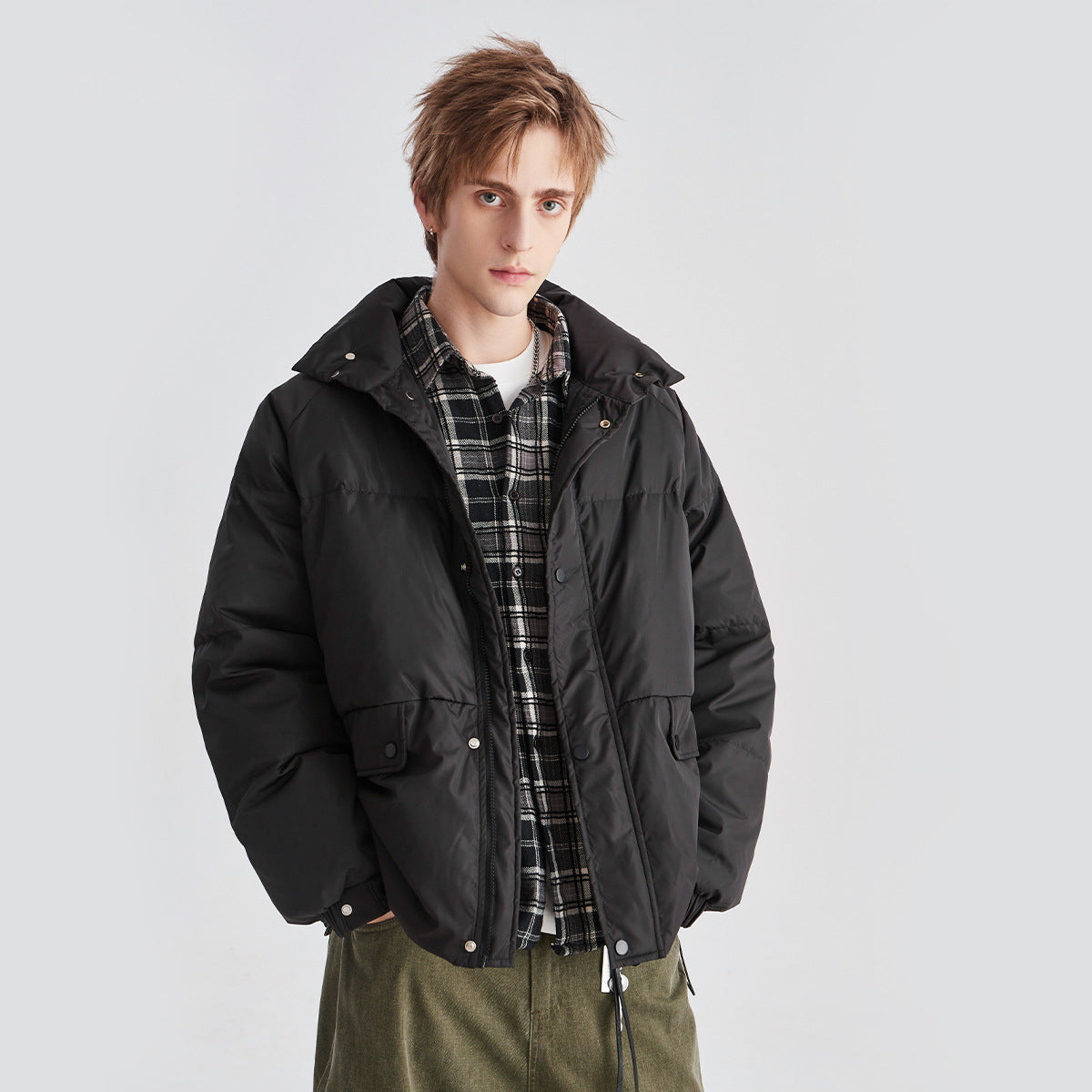 Men's Loose Windproof White Duck Down Stand-Collar Jacket